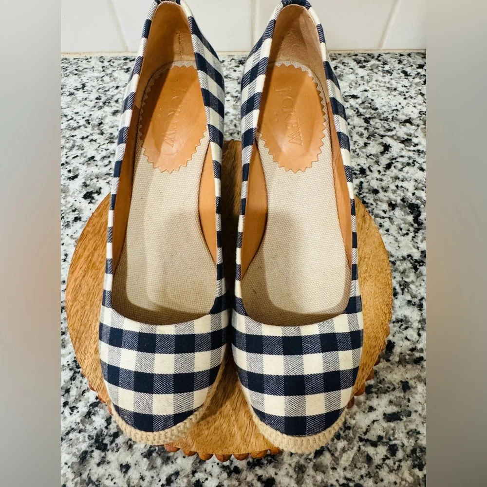J. Crew Navy‎ and White Gingham Wedge Espadrilles